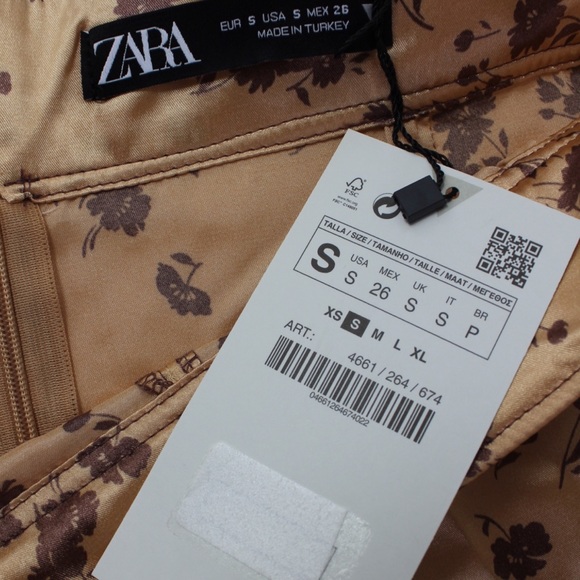 Zara NWT Satin Effect Midi Floral Skirt Small Peach Beige - Picture 10 of 10